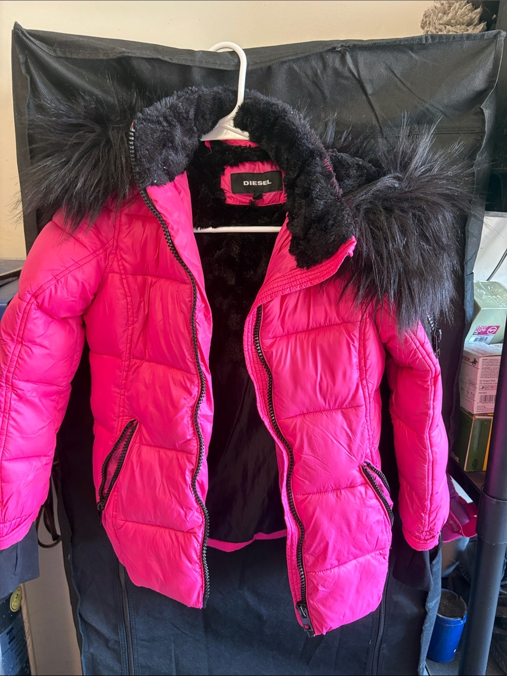 Diesel Hot Pink Puffer Coat with Black Faux Fur Trim